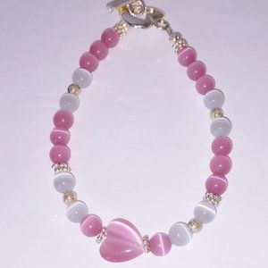 Pink and White Bracelet With Silver Tone Accents 8 Inch Handmade NWT
